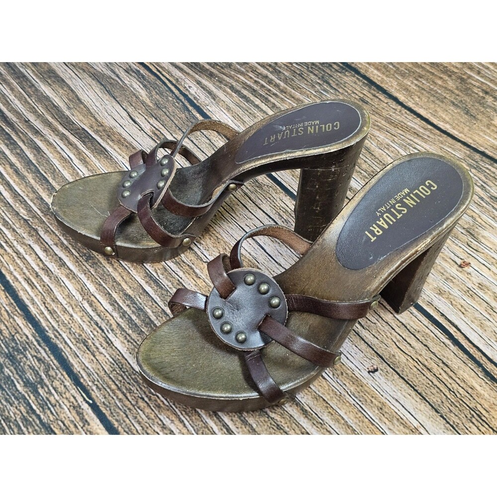 Colin Stewart Italy Made Leather Slide Sandals Chunky Wood Heels Brown Womens 6